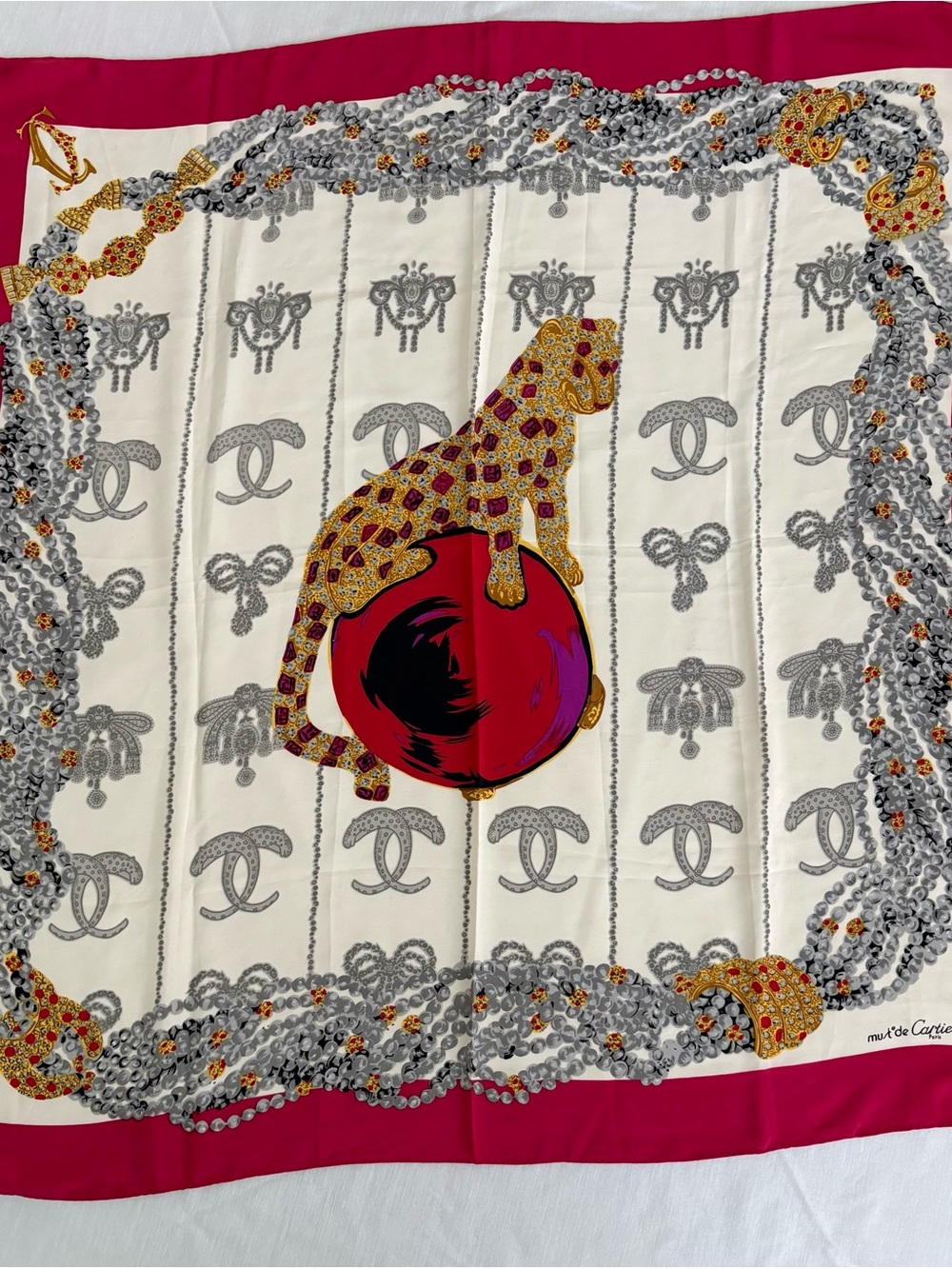 Luxury Women’s Silk Scarf in White and Fuchsia with Panther Motif